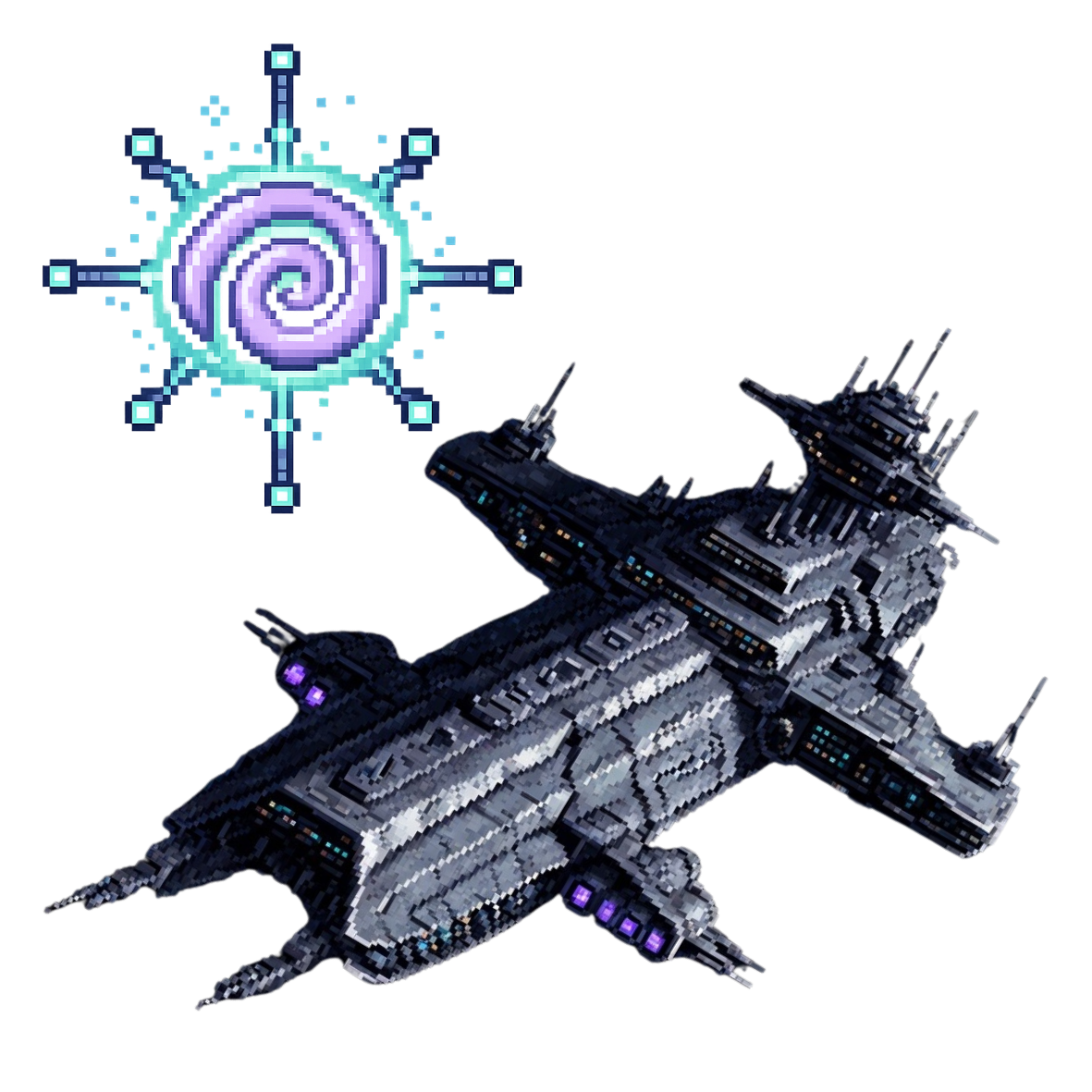 Pixel-art futuristic spacecraft beside a glowing spiral nexus symbol representing interconnected systems and expansion.