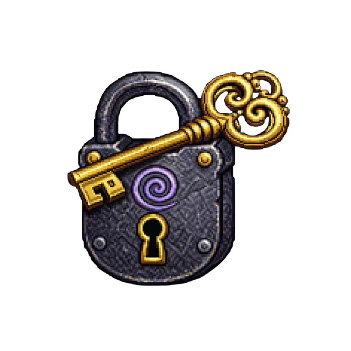Pixel-art lock with a golden key and purple spiral emblem representing a protected digital knowledge vault.