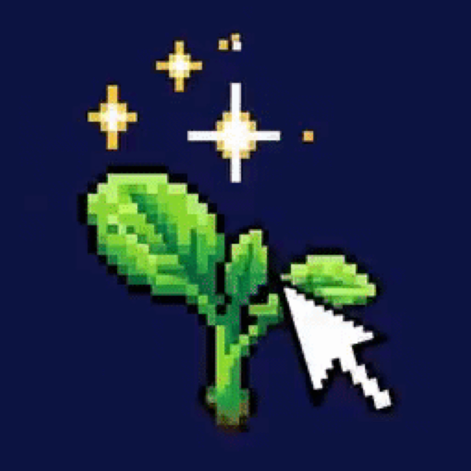 Pixel-art green sprout with glowing stars and a computer cursor against a dark blue background.